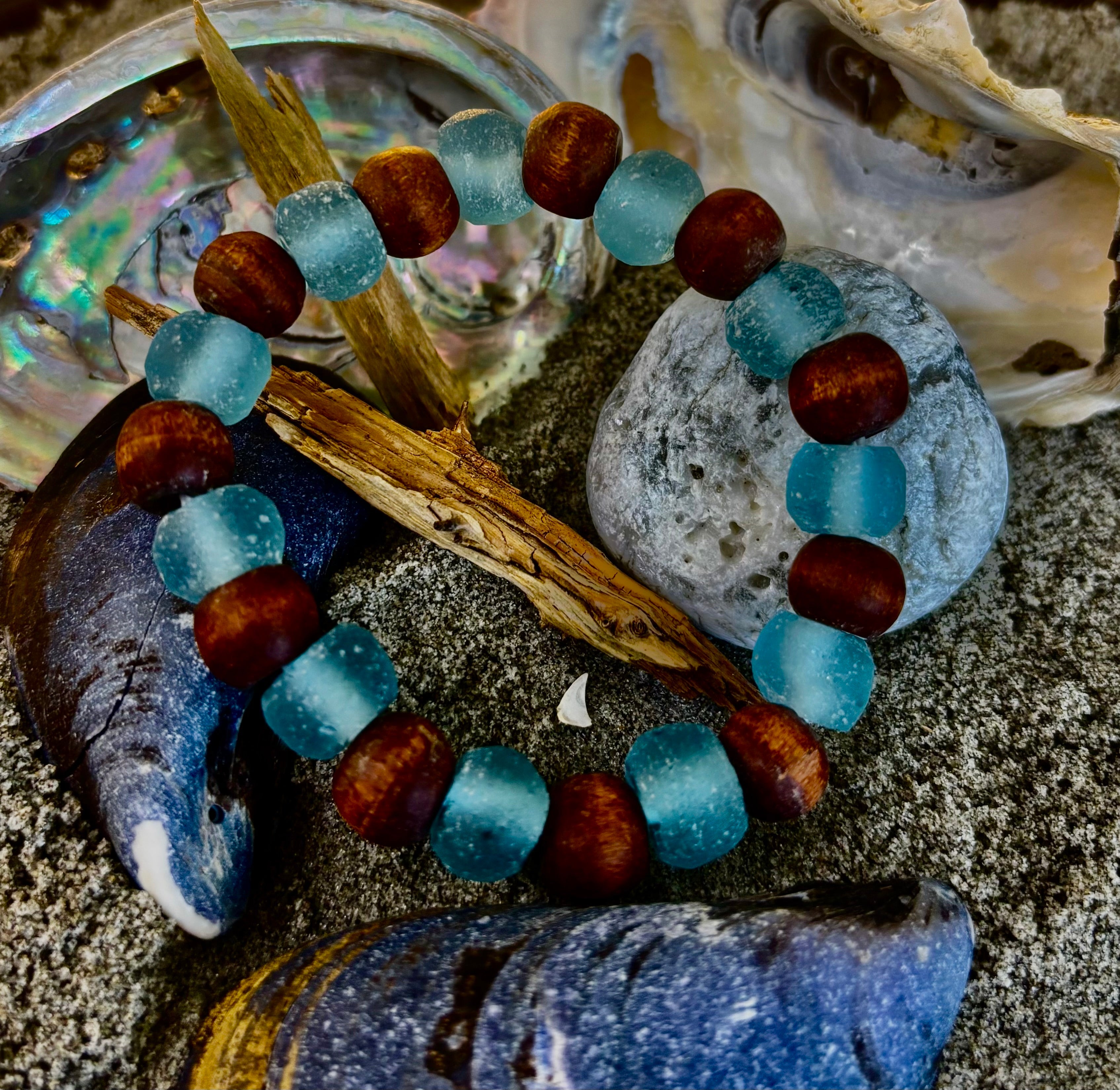 Ocean Drift Recycled Sea Glass Bracelet – Blue Coastal Wood Bead Stretch Bracelet