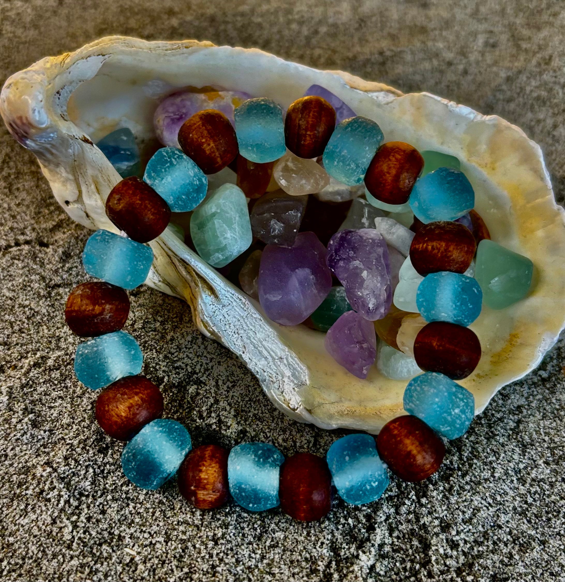 Ocean Drift Recycled Sea Glass Bracelet – Blue Coastal Wood Bead Stretch Bracelet