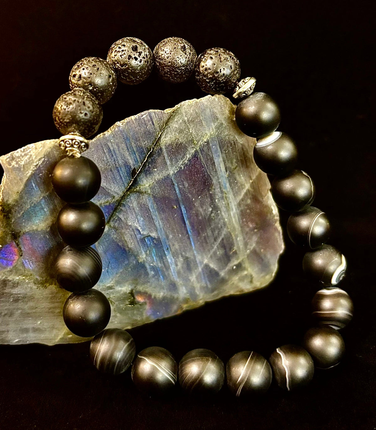 Men’s Grounded Energy Sardonyx Diffuser Bracelet – Matte Black Essential Oil Bracelet (7.5” & 8”)