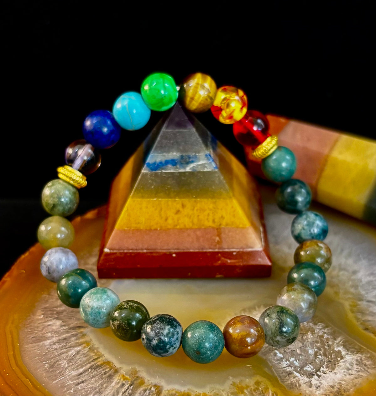 Chakra & Moss Agate Reiki-Infused Healing Bracelet – Grounding Energy & Spiritual Balance