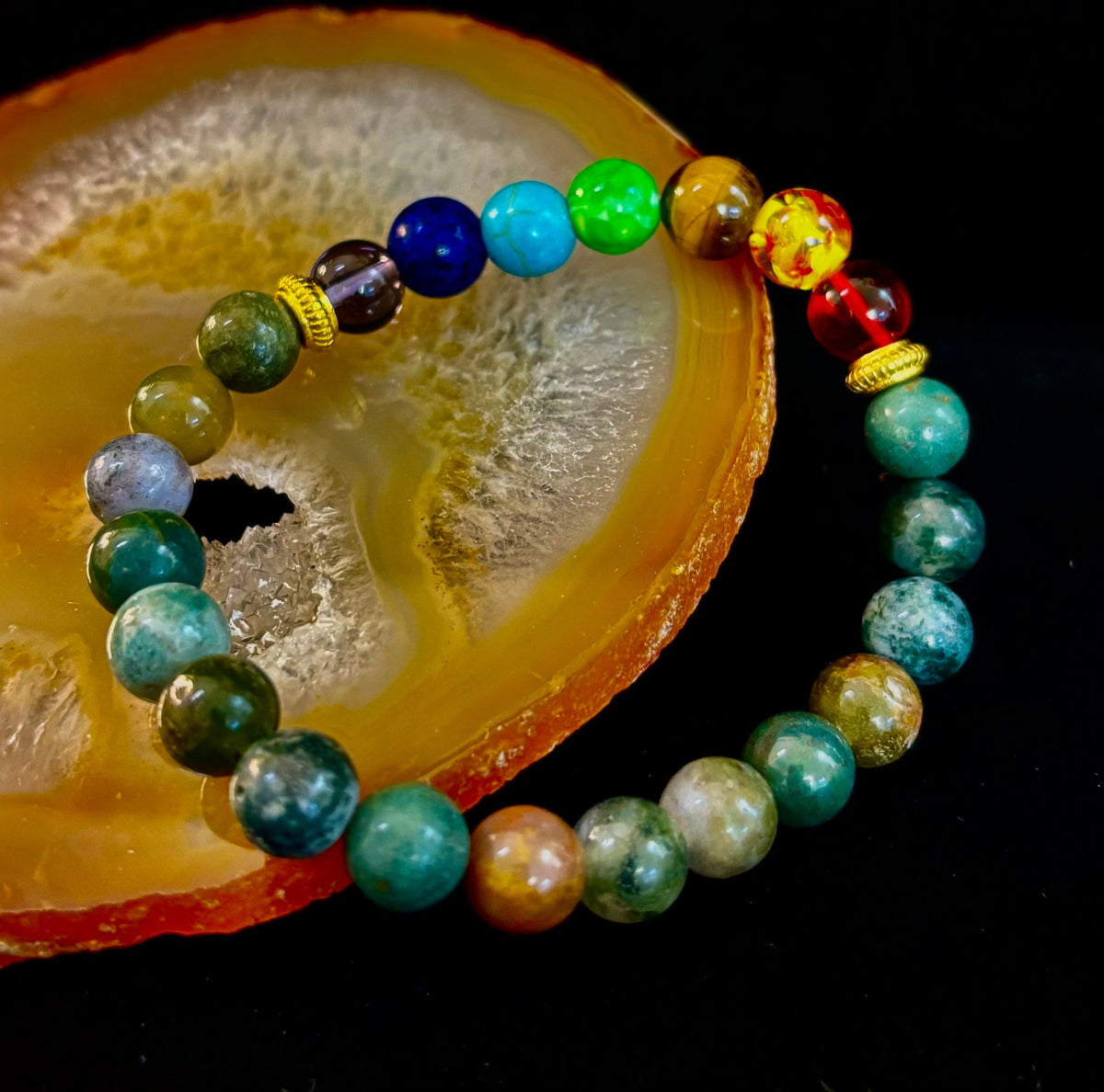 Chakra & Moss Agate Reiki-Infused Healing Bracelet – Grounding Energy & Spiritual Balance