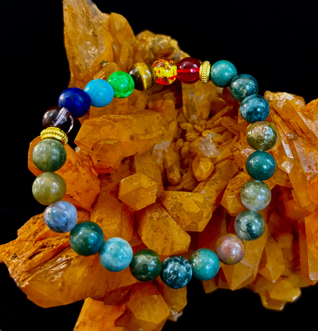 Chakra & Moss Agate Reiki-Infused Healing Bracelet – Grounding Energy & Spiritual Balance