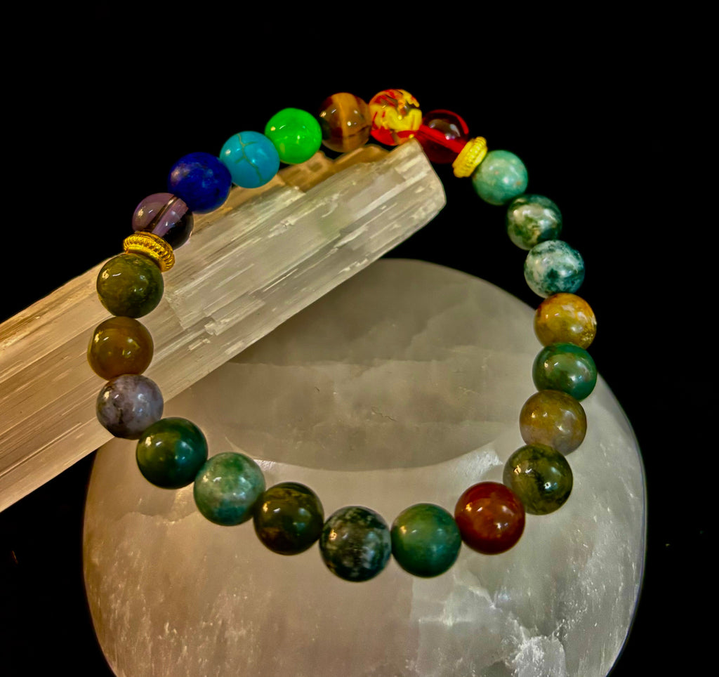 Chakra & Moss Agate Reiki-Infused Healing Bracelet – Grounding Energy & Spiritual Balance