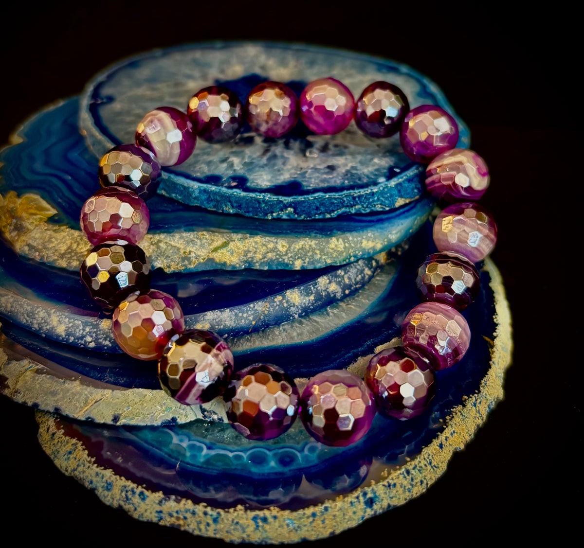 Mystic Purple Banded Agate Faceted Stretch Bracelet
