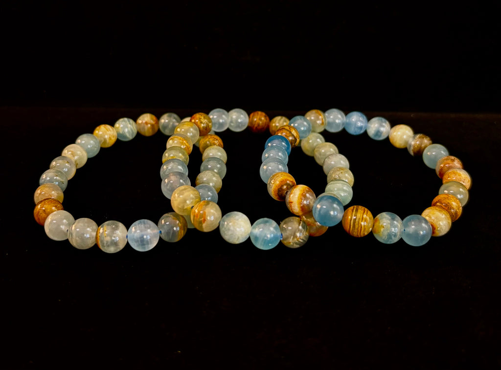 Aquatine Lemurian Calcite Bracelet (8mm) – Emotional Healing, Intuition & Inner Peace | Reiki-Infused Crystal Bracelet for Medium Wrists