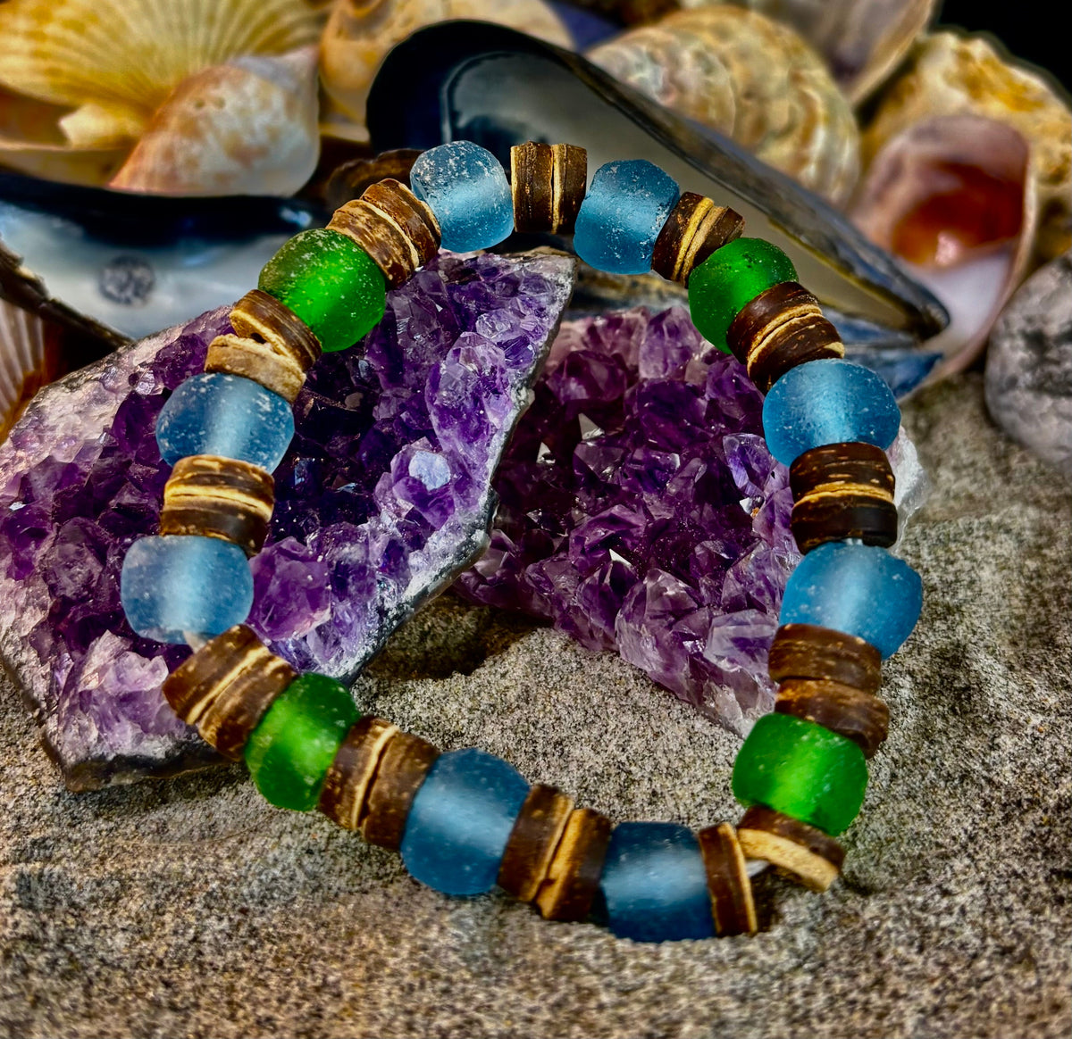Boardwalk Breeze Bracelet - Recycled Glass & Natural Wood Stretch Bracelet