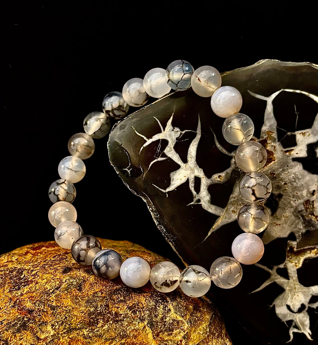 Reiki-Infused Black & White Dragon Vein Agate Bracelet for Protection, Yin-Yang Balance & Courage (8mm & 10mm)