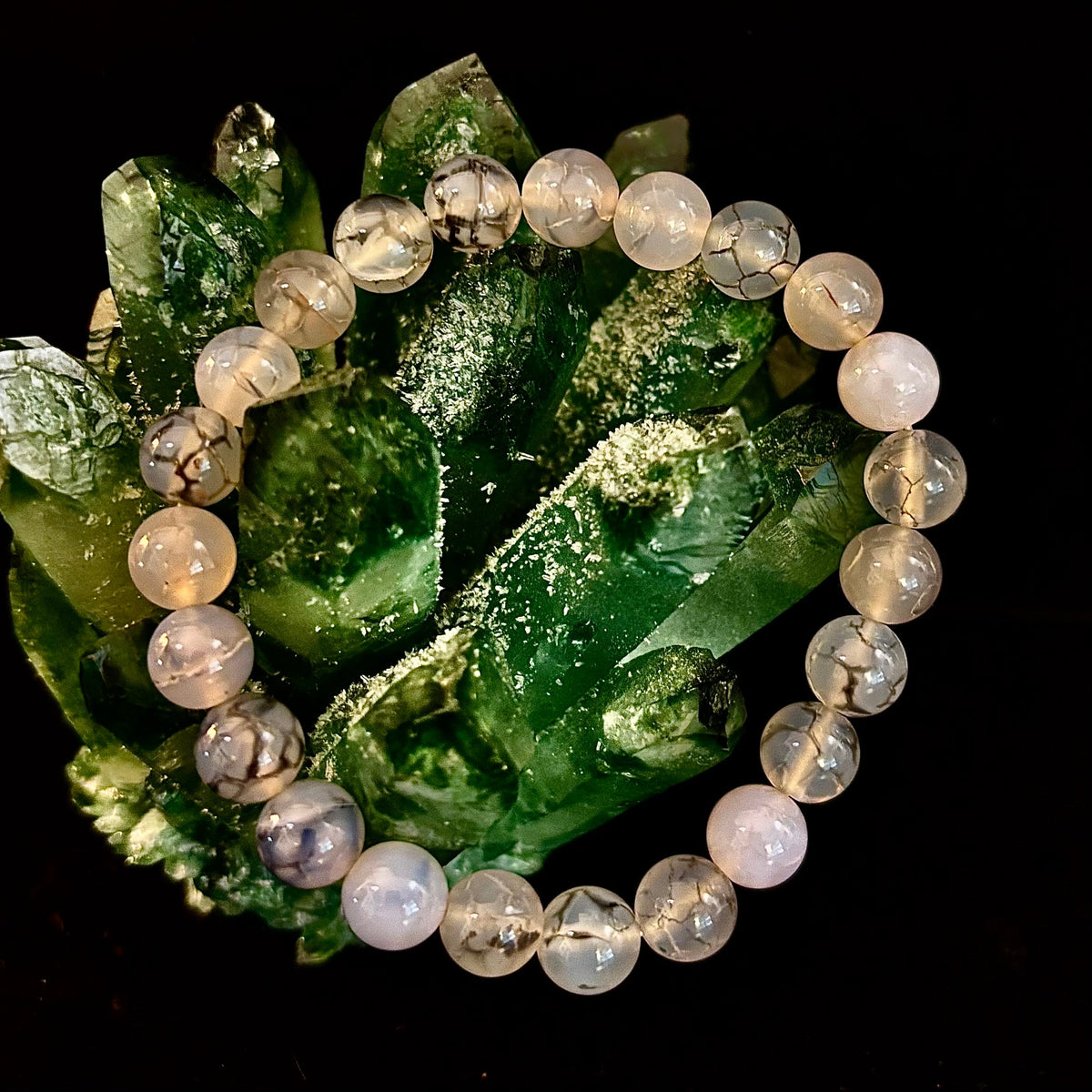 Reiki-Infused Black & White Dragon Vein Agate Bracelet for Protection, Yin-Yang Balance & Courage (8mm & 10mm)
