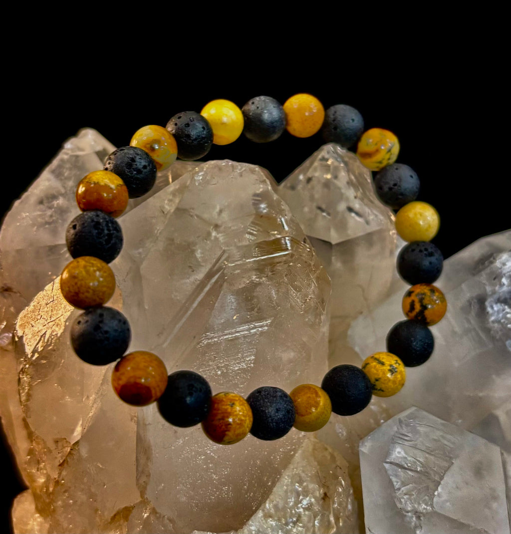 Reiki-Infused Earth & Ember Picture Jasper & Lava Stone Bracelet for Deep Grounding & Aromatherapy (8mm)