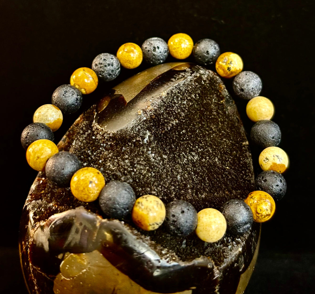 Reiki-Infused Earth & Ember Picture Jasper & Lava Stone Bracelet for Deep Grounding & Aromatherapy (8mm)