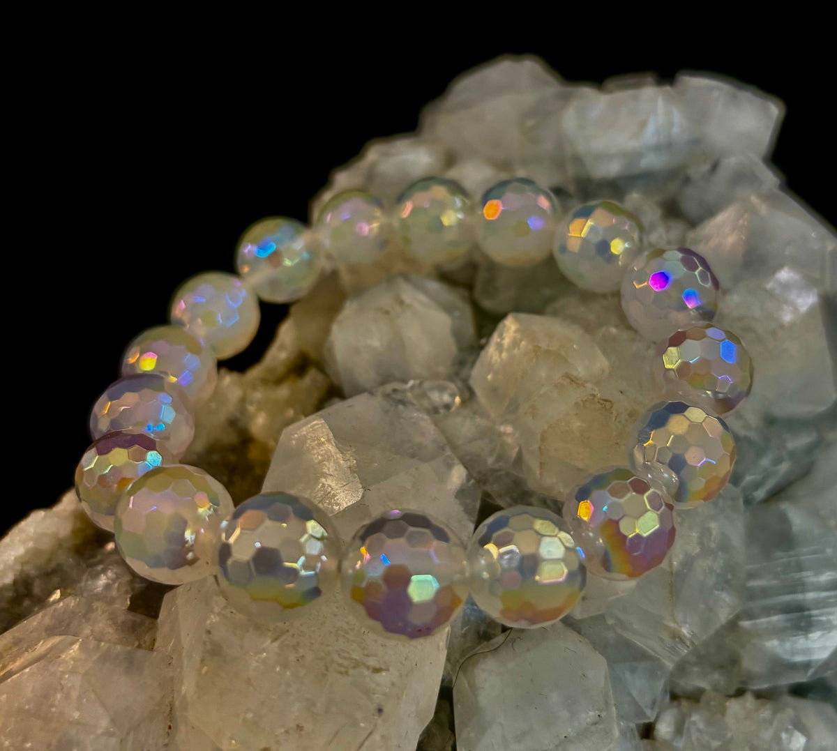 The Glitterati – AB Mystic Faceted White Agate Gemstone Bracelet (12mm)