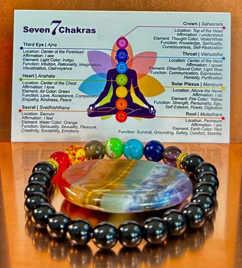 7 Chakra & Black Onyx Reiki-Infused Balance & Protection Bracelet (Medium Wrist)