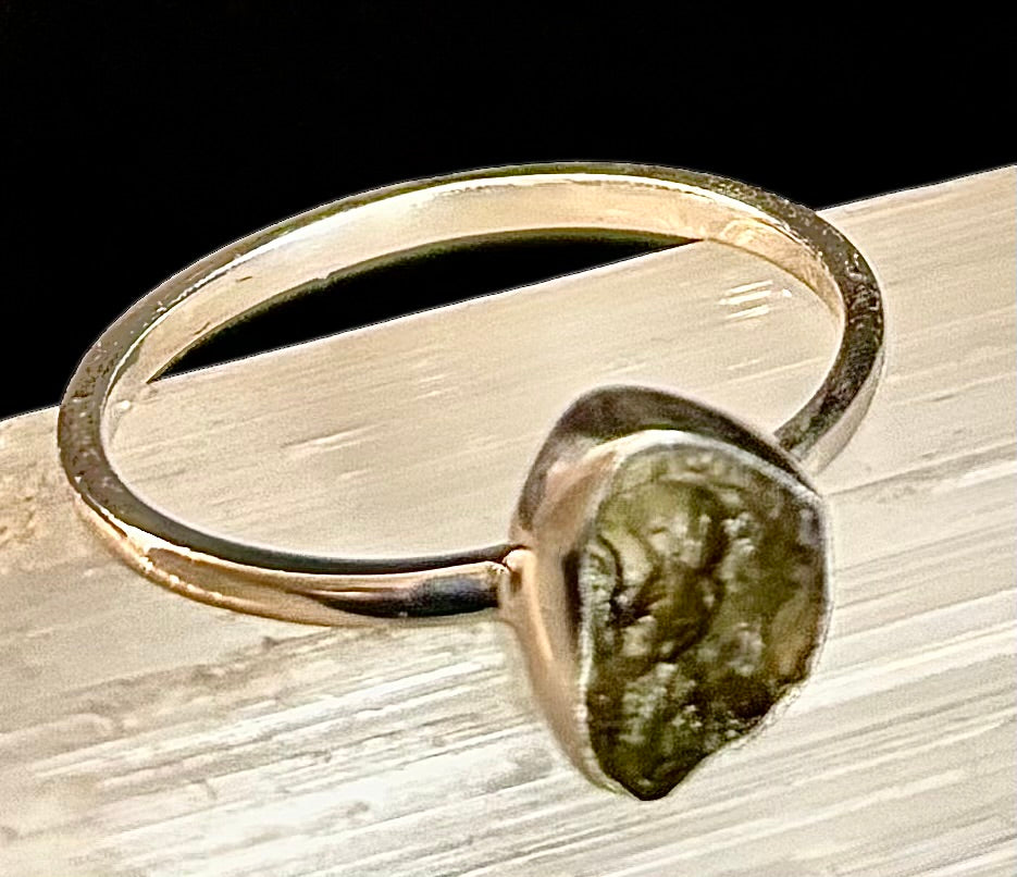 Cosmic Transformation: Raw Moldavite Ring in .925 Sterling Silver