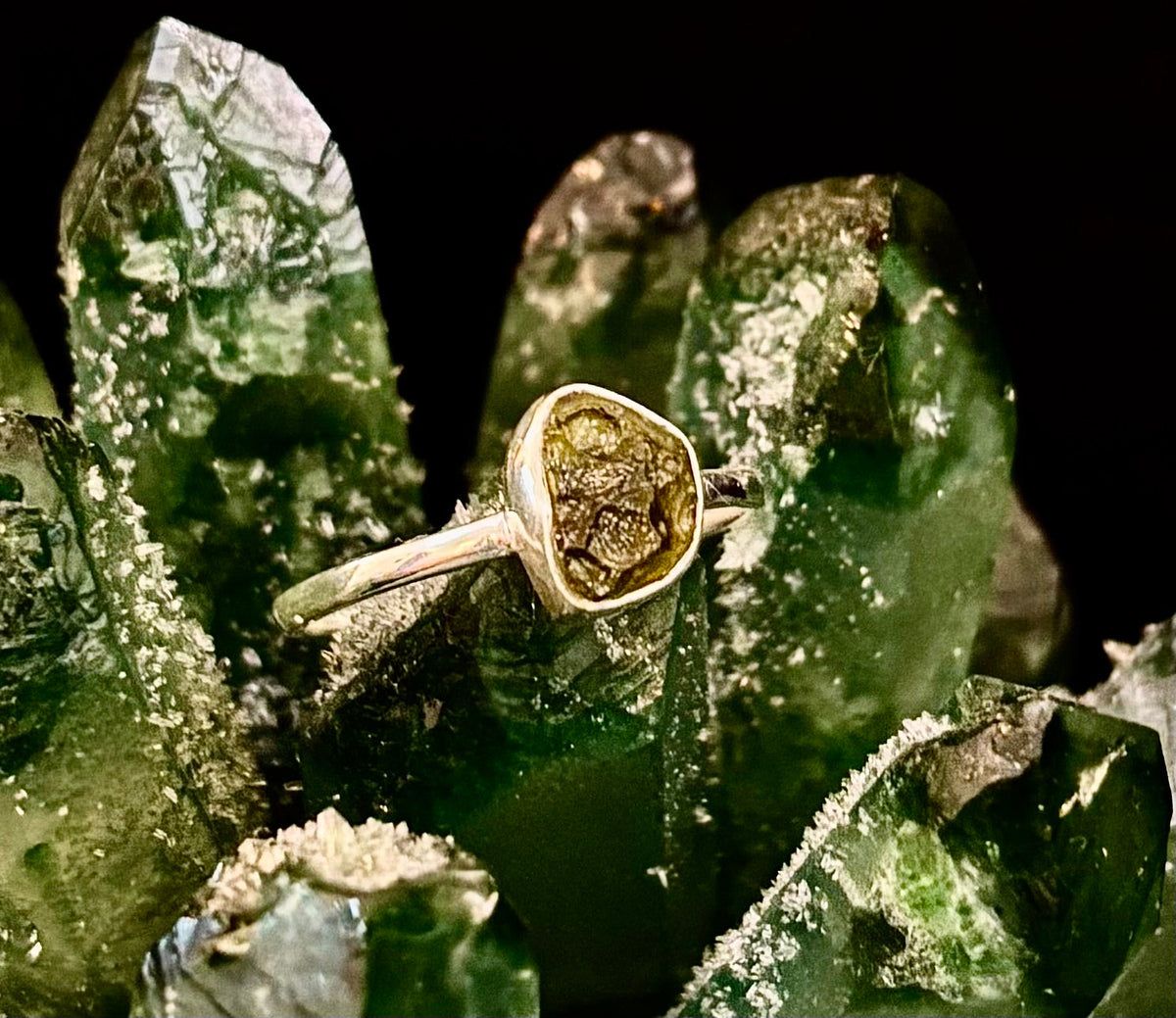 Cosmic Transformation: Raw Moldavite Ring in .925 Sterling Silver