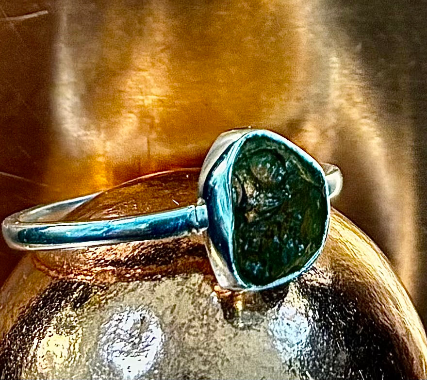 Cosmic Transformation: Raw Moldavite Ring in .925 Sterling Silver