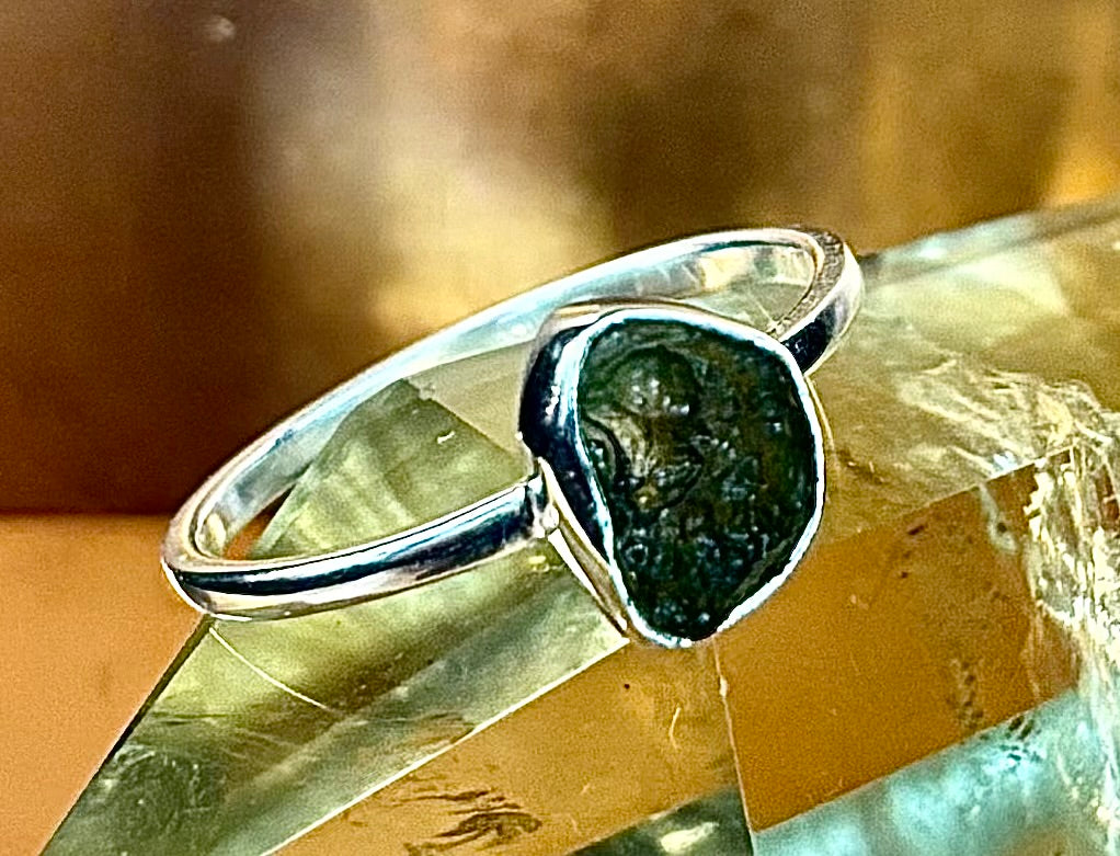 Cosmic Transformation: Raw Moldavite Ring in .925 Sterling Silver