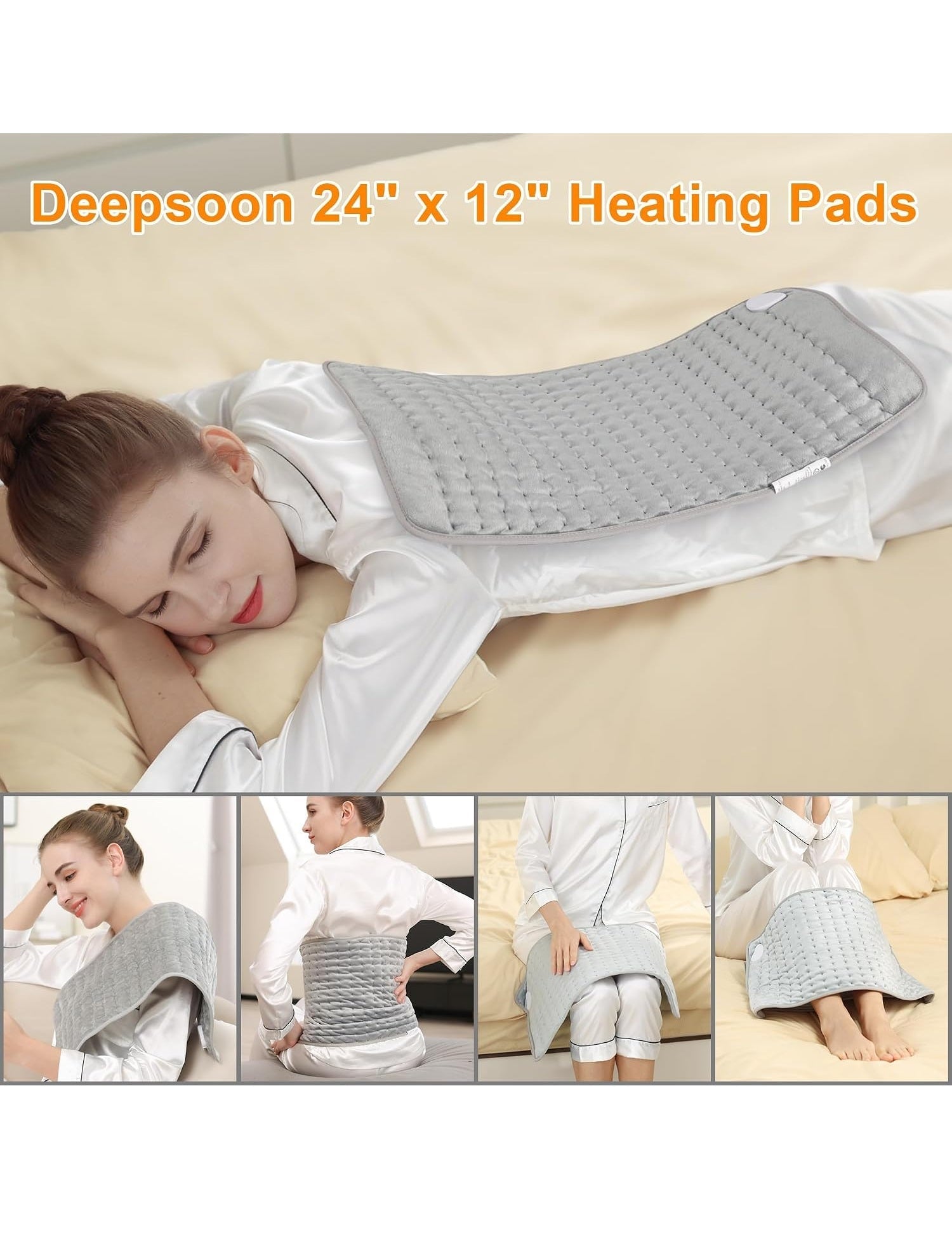 Heating Pad 24 x 12 Inch Electric 6 Heat Settings 4 Timers Light Gray
