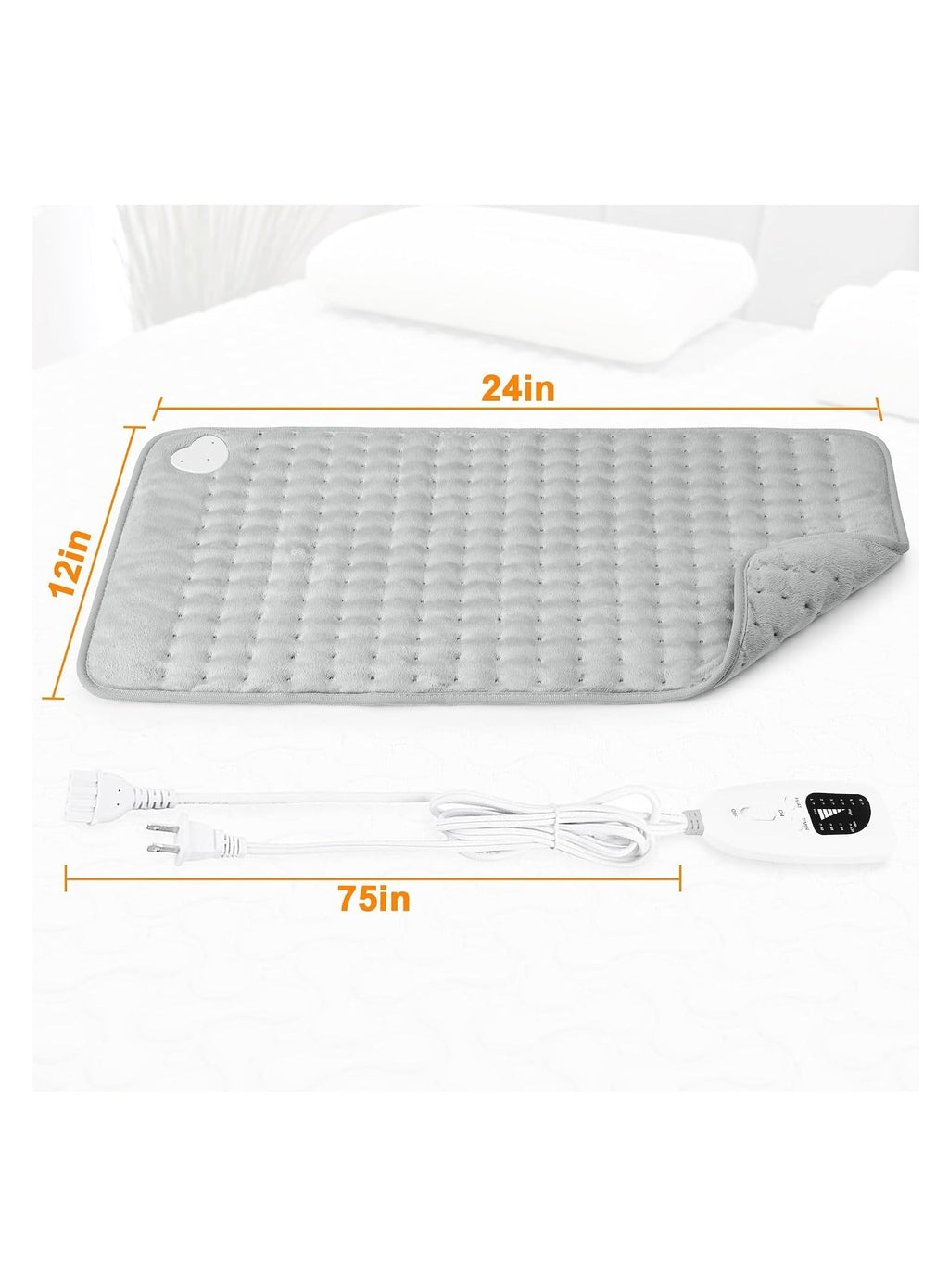 Heating Pad 24 x 12 Inch Electric 6 Heat Settings 4 Timers Light Gray