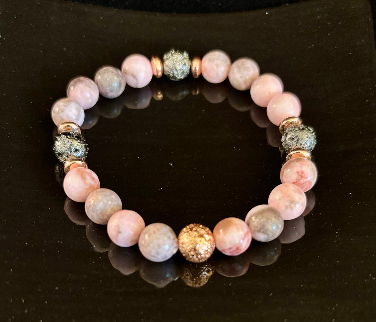 Reiki-Infused Pink Zebra Jasper & Rose Gold Lava Stone Aromatherapy Bracelet for Emotional Balance & Heart-Root Healing (8mm)