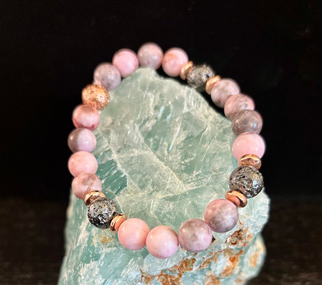 Reiki-Infused Pink Zebra Jasper & Rose Gold Lava Stone Aromatherapy Bracelet for Emotional Balance & Heart-Root Healing (8mm)