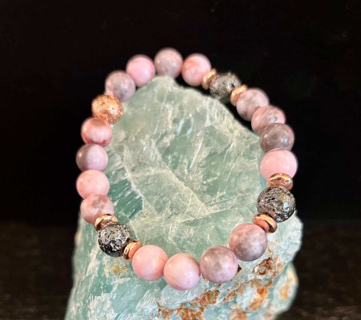 Reiki-Infused Pink Zebra Jasper & Rose Gold Lava Stone Aromatherapy Bracelet for Emotional Balance & Heart-Root Healing (8mm)