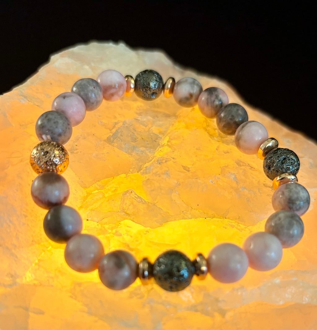 Reiki-Infused Pink Zebra Jasper & Rose Gold Lava Stone Aromatherapy Bracelet for Emotional Balance & Heart-Root Healing (8mm)