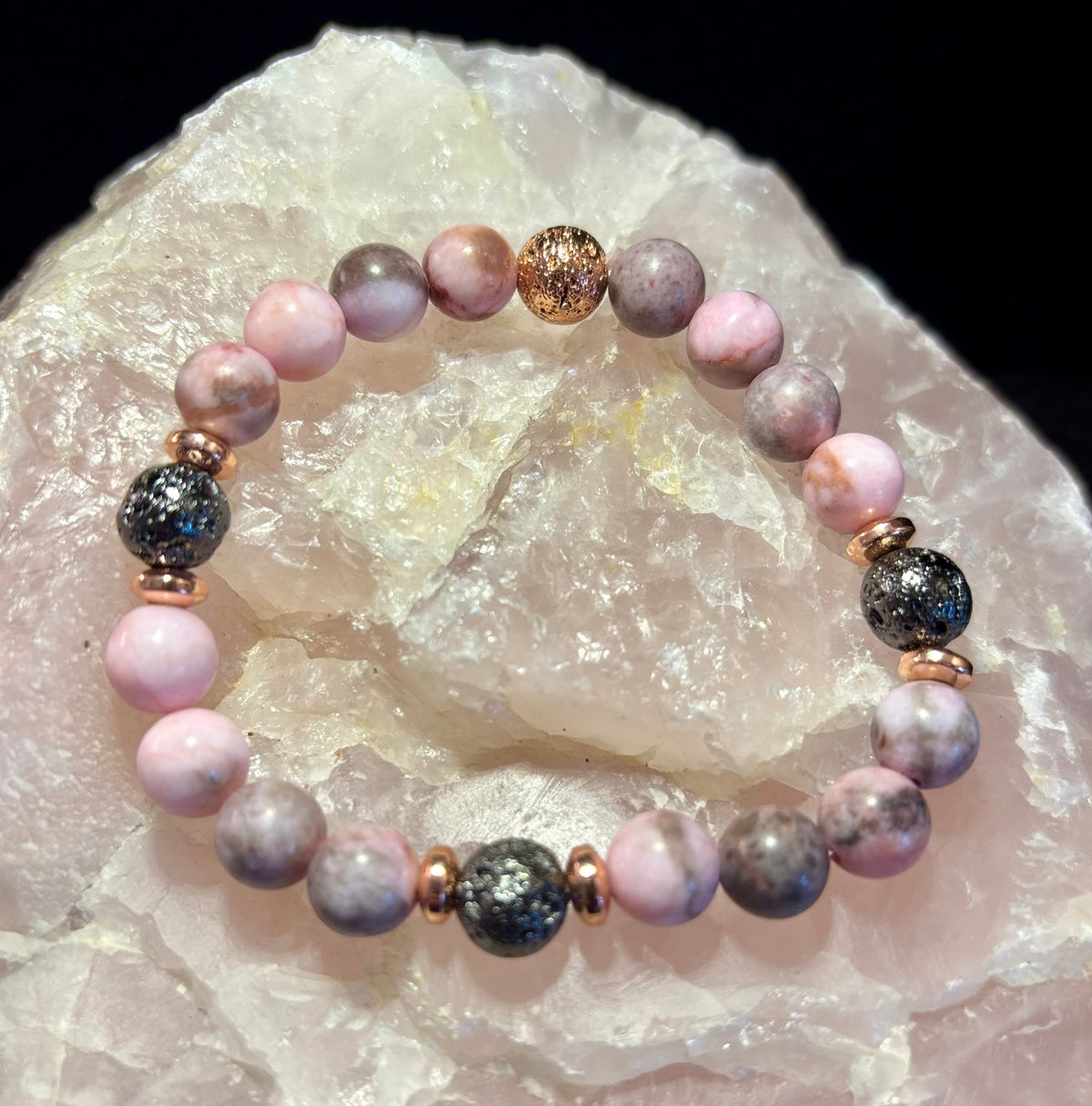 Reiki-Infused Pink Zebra Jasper & Rose Gold Lava Stone Aromatherapy Bracelet for Emotional Balance & Heart-Root Healing (8mm)