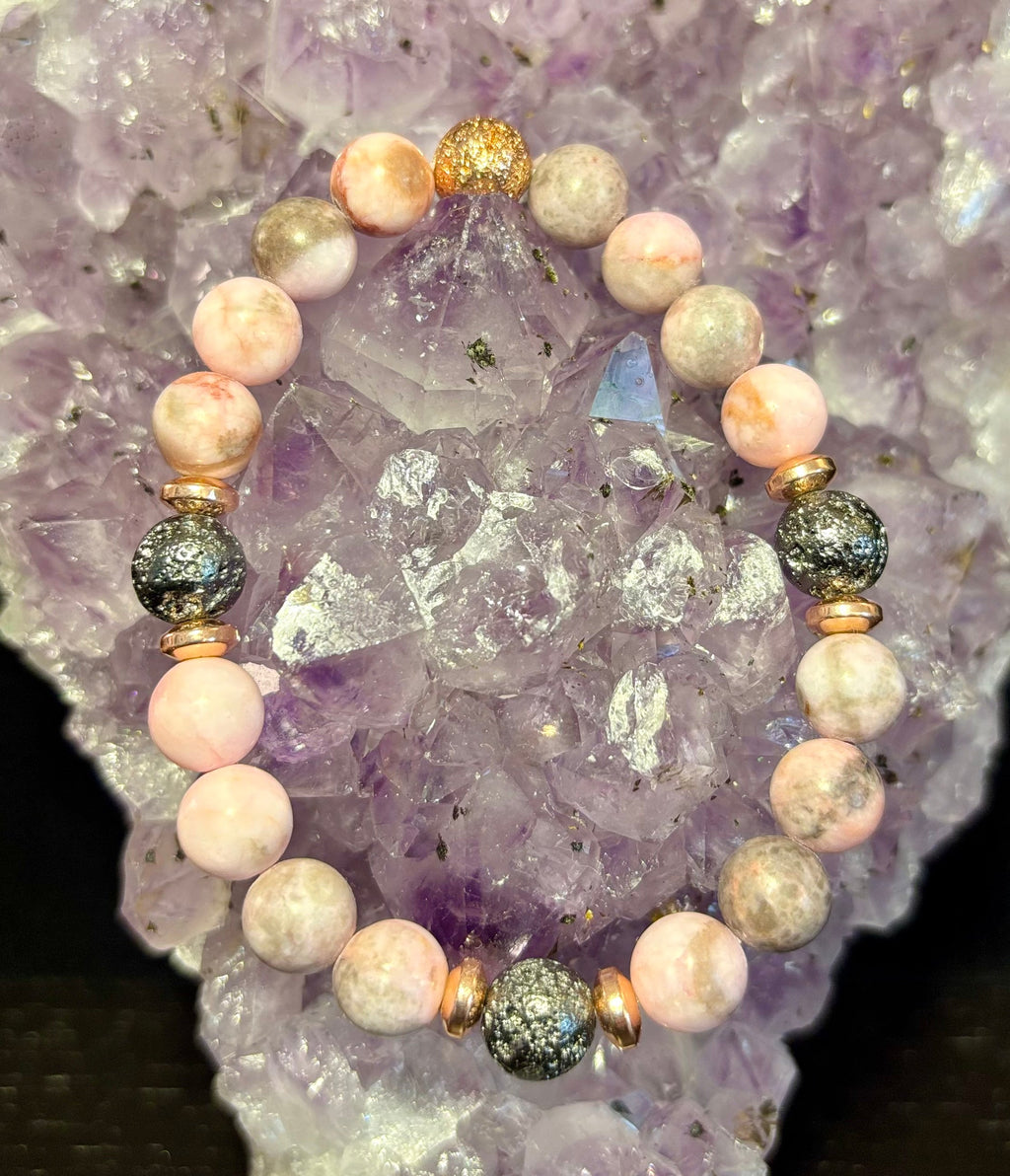 Reiki-Infused Pink Zebra Jasper & Rose Gold Lava Stone Aromatherapy Bracelet for Emotional Balance & Heart-Root Healing (8mm)