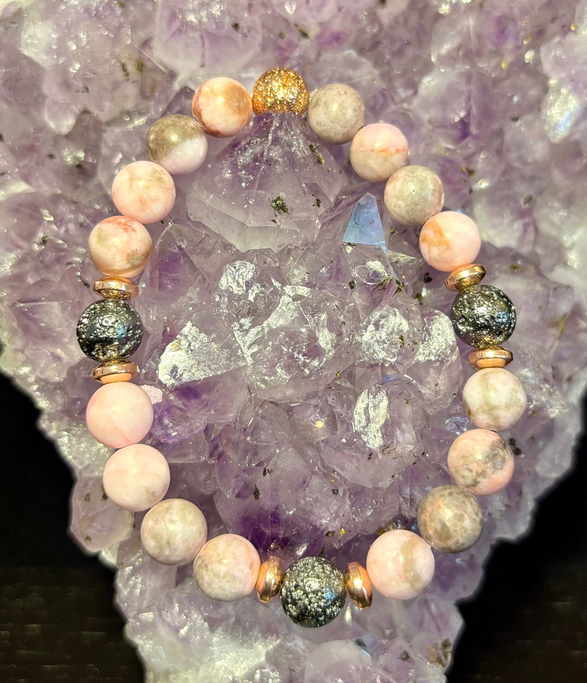 Reiki-Infused Pink Zebra Jasper & Rose Gold Lava Stone Aromatherapy Bracelet for Emotional Balance & Heart-Root Healing (8mm)
