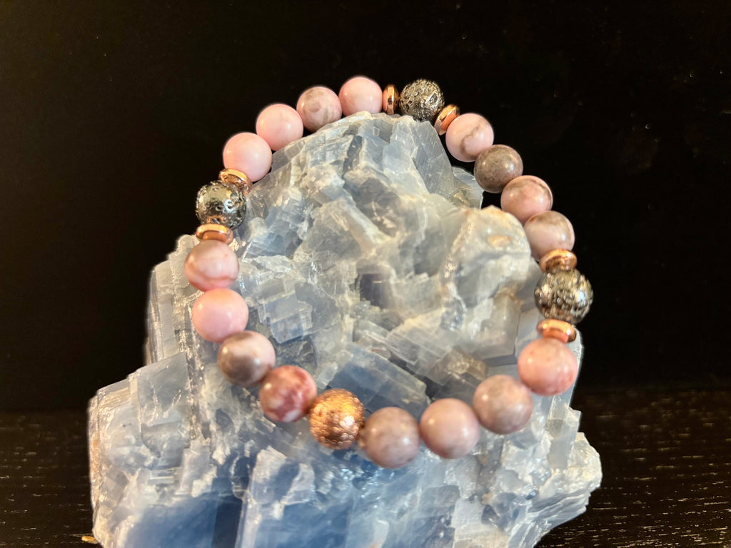 Reiki-Infused Pink Zebra Jasper & Rose Gold Lava Stone Aromatherapy Bracelet for Emotional Balance & Heart-Root Healing (8mm)