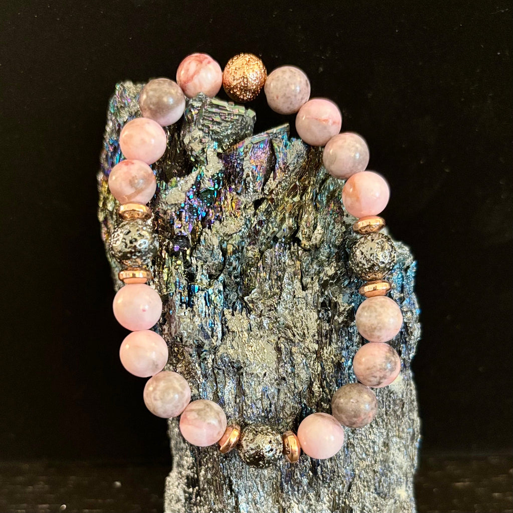 Reiki-Infused Pink Zebra Jasper & Rose Gold Lava Stone Aromatherapy Bracelet for Emotional Balance & Heart-Root Healing (8mm)