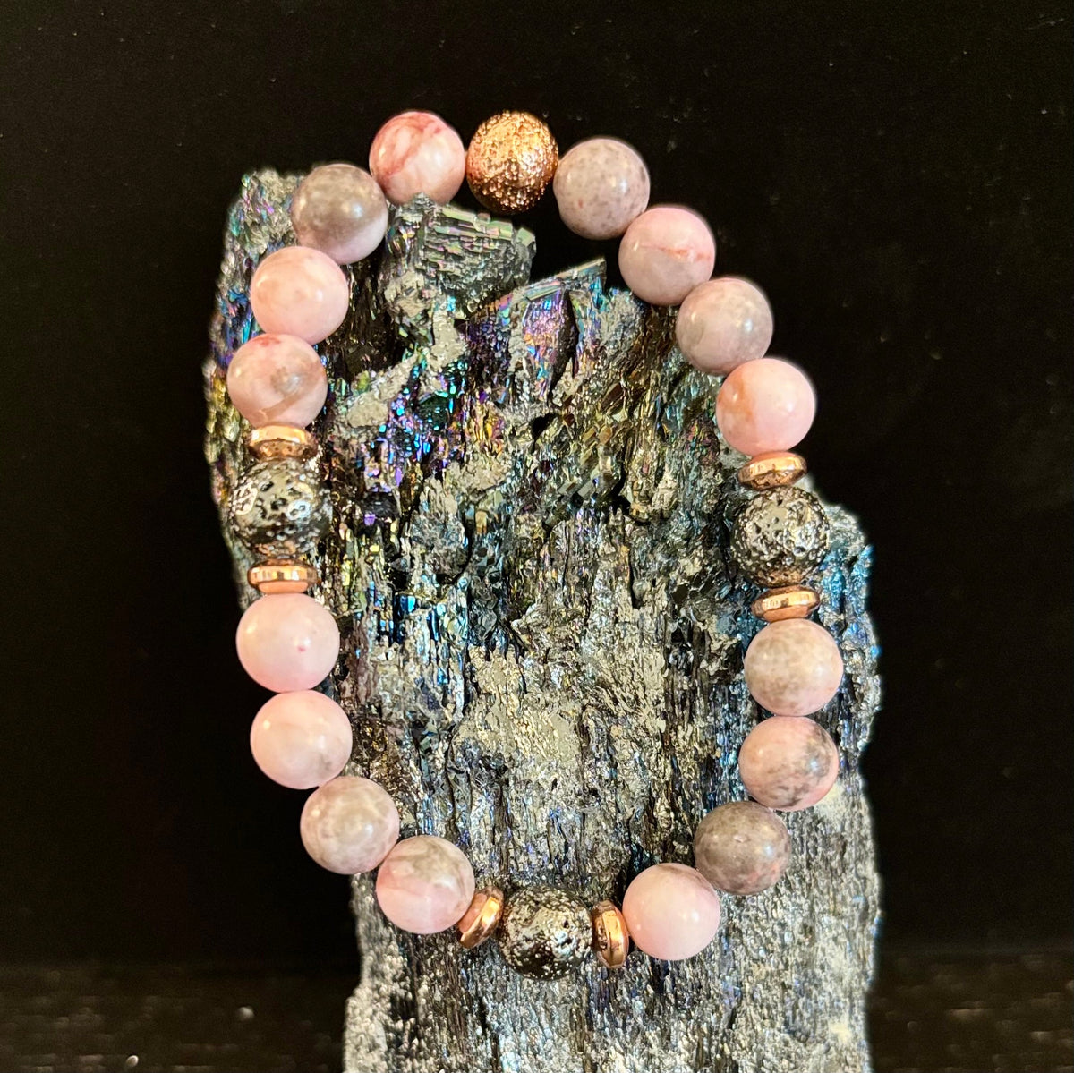 Reiki-Infused Pink Zebra Jasper & Rose Gold Lava Stone Aromatherapy Bracelet for Emotional Balance & Heart-Root Healing (8mm)