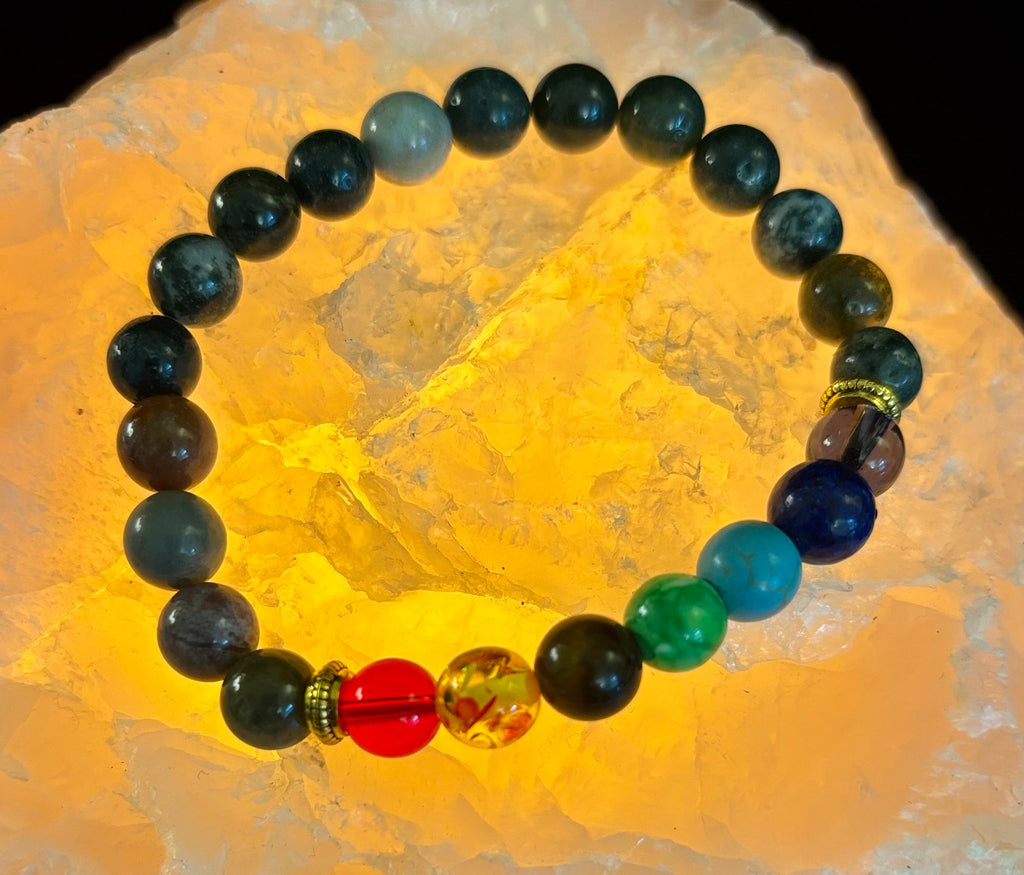 Chakra & Moss Agate Reiki-Infused Healing Bracelet – Grounding Energy & Spiritual Balance