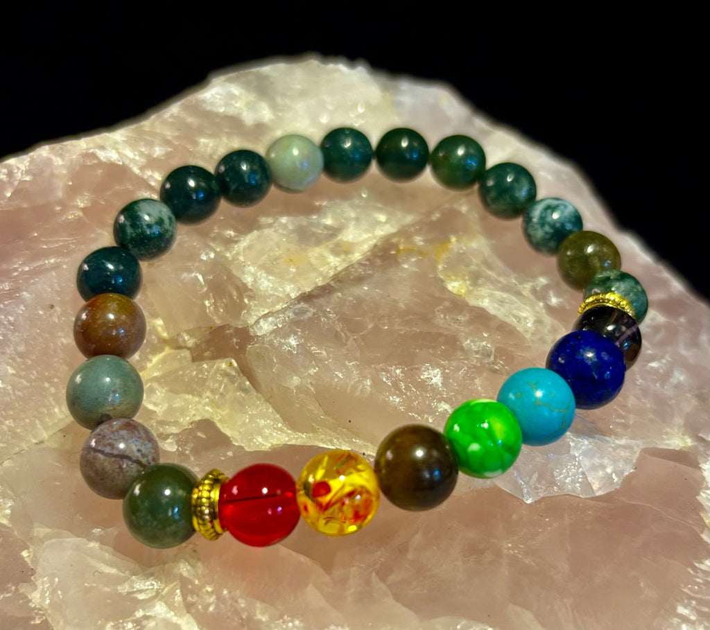 Chakra & Moss Agate Reiki-Infused Healing Bracelet – Grounding Energy & Spiritual Balance