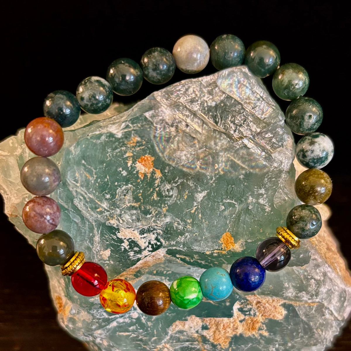 Chakra & Moss Agate Reiki-Infused Healing Bracelet – Grounding Energy & Spiritual Balance