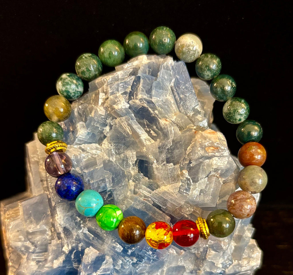Chakra & Moss Agate Reiki-Infused Healing Bracelet – Grounding Energy & Spiritual Balance