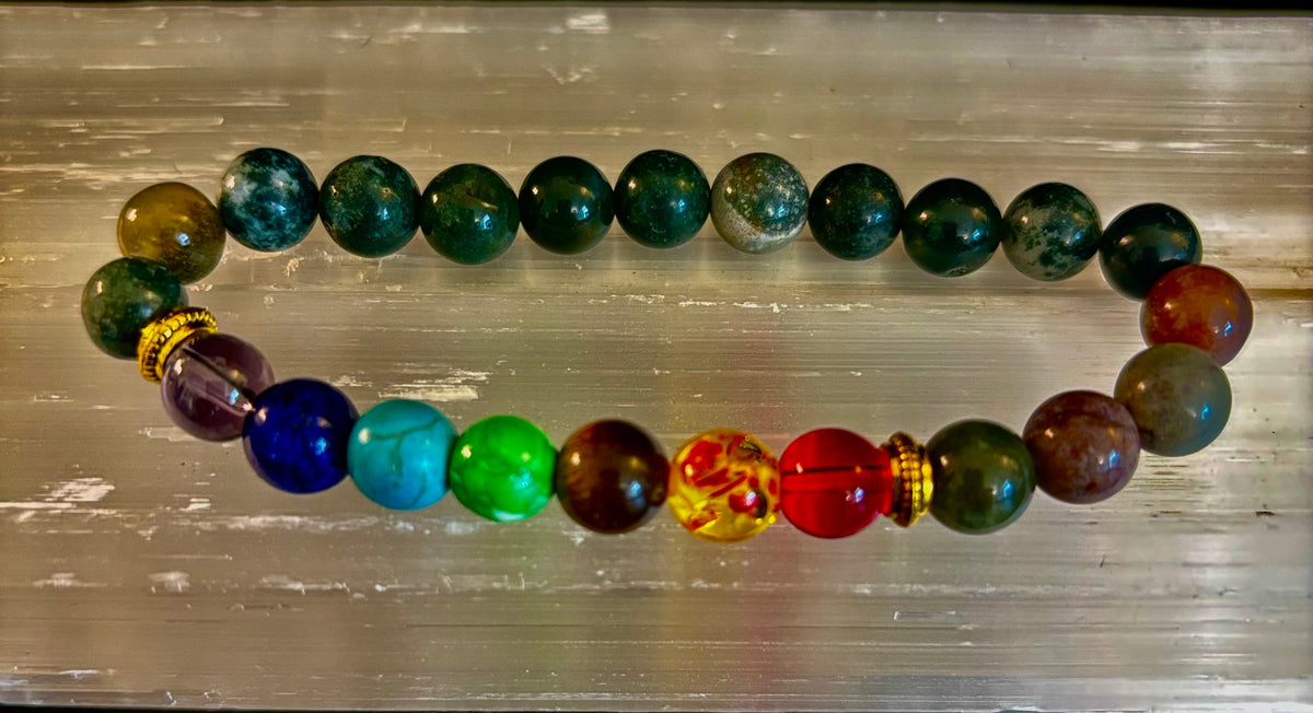 Chakra & Moss Agate Reiki-Infused Healing Bracelet – Grounding Energy & Spiritual Balance