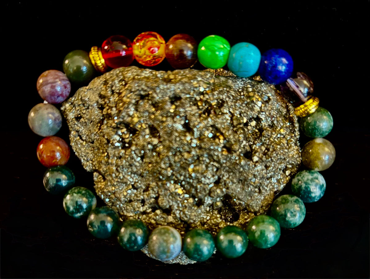 Chakra & Moss Agate Reiki-Infused Healing Bracelet – Grounding Energy & Spiritual Balance