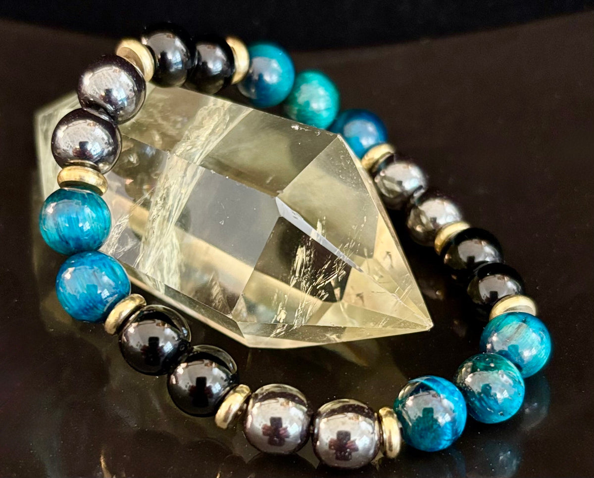 Reiki-Infused Blue Tiger Eye, Silver Hematite & Black Onyx Bracelet for Mental Clarity, Protection & Resilience (8mm)