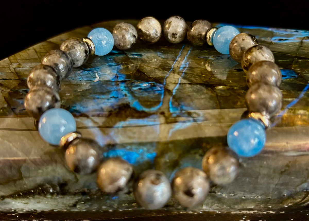 Reiki-Infused Black Labradorite & Aquamarine Bracelet for Protection, Intuition & Peaceful Communication (8mm)