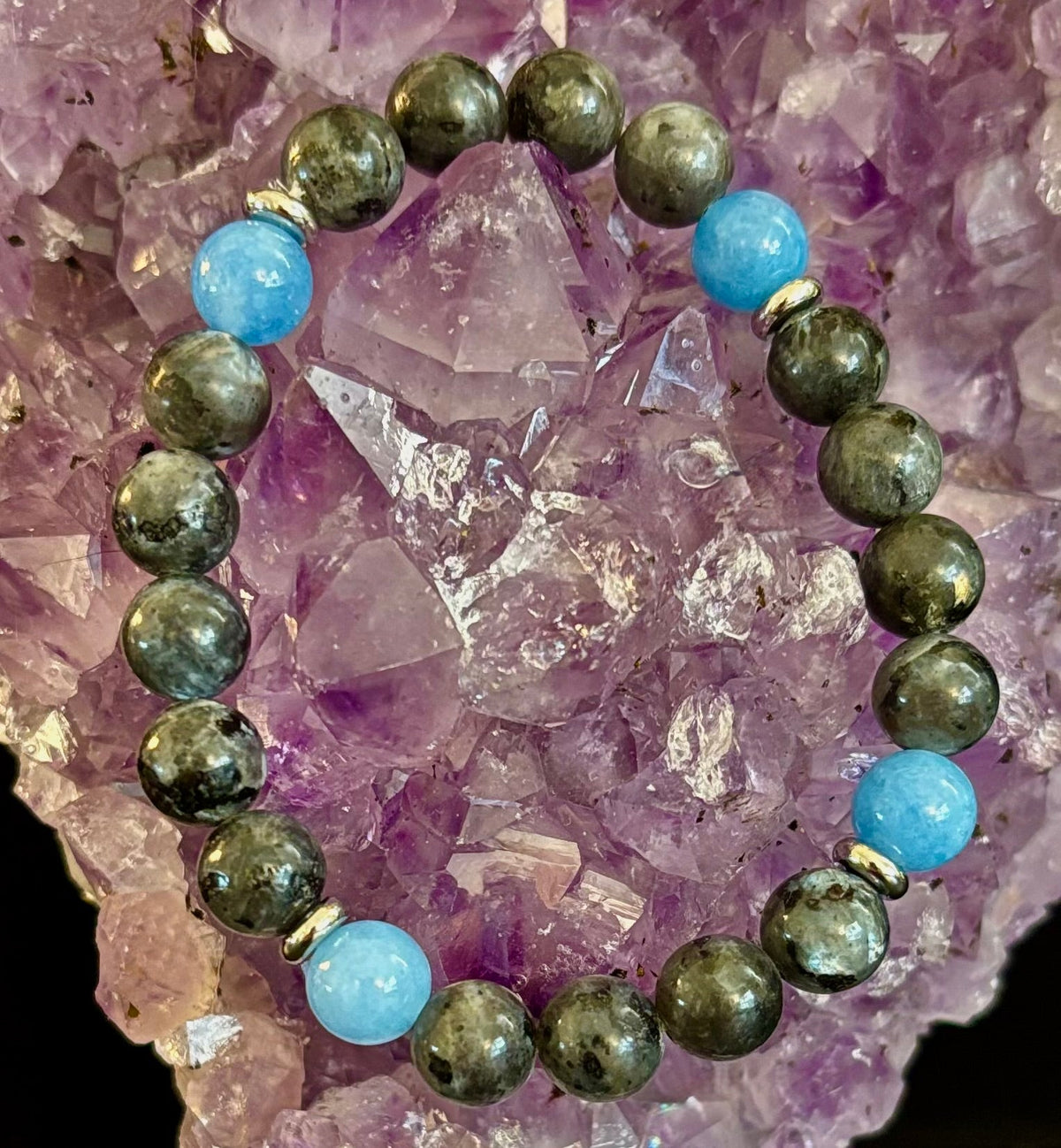 Reiki-Infused Black Labradorite & Aquamarine Bracelet for Protection, Intuition & Peaceful Communication (8mm)