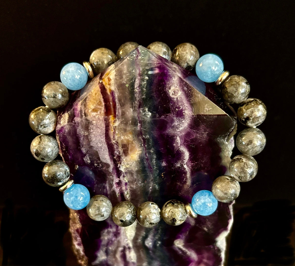 Reiki-Infused Black Labradorite & Aquamarine Bracelet for Protection, Intuition & Peaceful Communication (8mm)