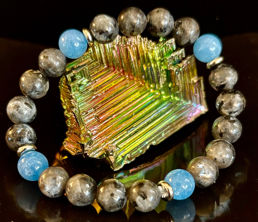 Reiki-Infused Black Labradorite & Aquamarine Bracelet for Protection, Intuition & Peaceful Communication (8mm)
