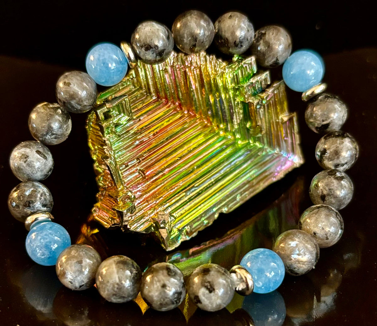Reiki-Infused Black Labradorite & Aquamarine Bracelet for Protection, Intuition & Peaceful Communication (8mm)