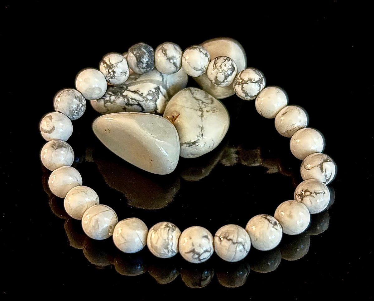 Reiki-Infused Natural White Howlite Bracelet for Calming Racing Thoughts, Stress Relief & Crown Chakra Peace (8mm)