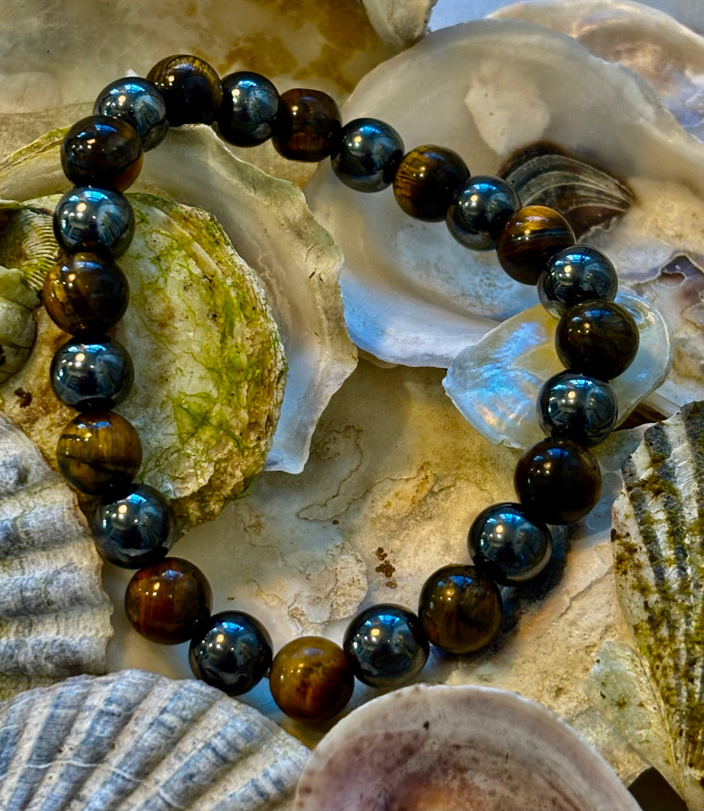 Reiki-Infused Natural Tiger Eye & Hematite Bracelet for Mental Clarity, Grounding & Energy Defense (8mm)