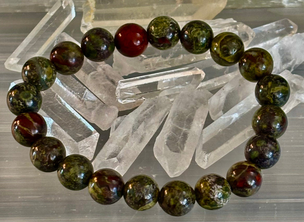 Reiki-Infused Natural Dragon Bloodstone Bracelet for Courage, Life Force Vitality & Heart-Root Alignment (8mm)