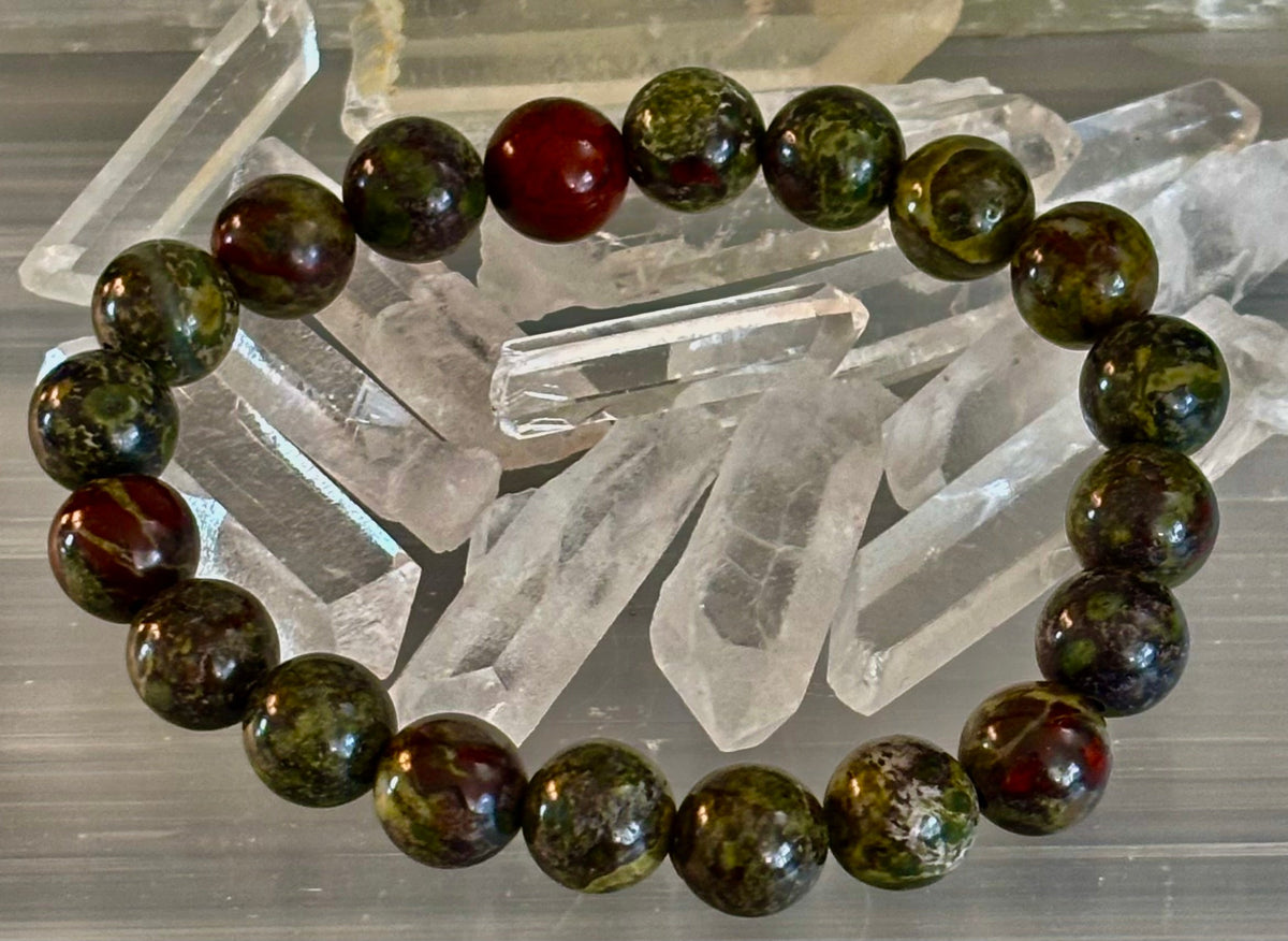 Reiki-Infused Natural Dragon Bloodstone Bracelet for Courage, Life Force Vitality & Heart-Root Alignment (8mm)