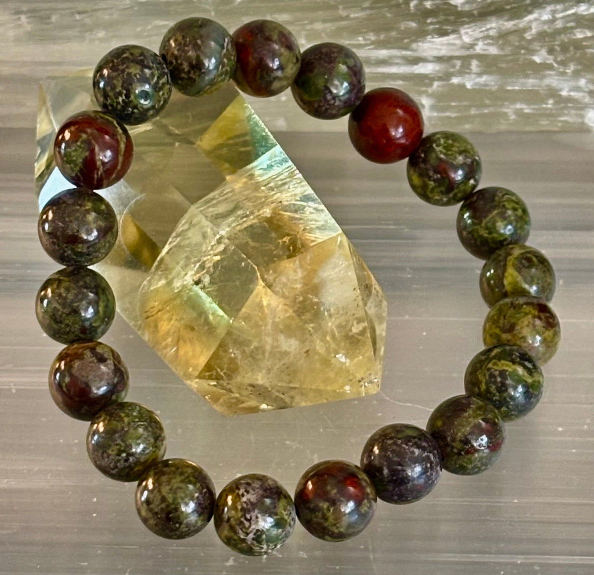 Reiki-Infused Natural Dragon Bloodstone Bracelet for Courage, Life Force Vitality & Heart-Root Alignment (8mm)