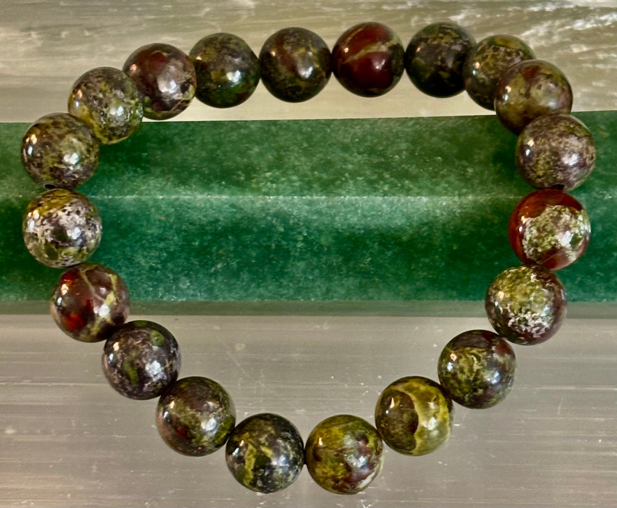 Reiki-Infused Natural Dragon Bloodstone Bracelet for Courage, Life Force Vitality & Heart-Root Alignment (8mm)